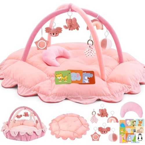 5-in-1 Plush Baby Play Gym, Activity Mat with Convertible Gym and Cushion, 6 Sensory Toys, Play Center from Newborn to Toddler, Light Pink