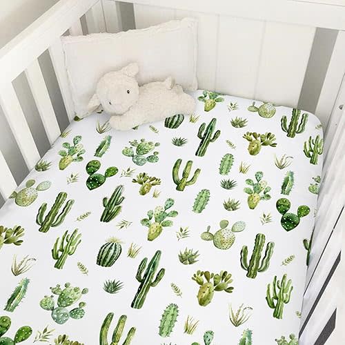 Watercolor Green Cactus Baby Crib Sheet 52''x28'' Boho Cactus Leaves Stretchy Fitted Crib Mattress Cover for Boy Girl Wild Desert Plants Soft Baby Bed Sheets for Standard Crib and Toddler Mattress