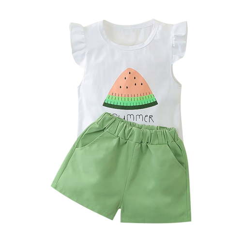 Cethrio Baby Girls Cotton Outfit Sets, Summer Flutter Sleeve Printed Casual Girls' Clothing Sets Green Size 6-9 Months