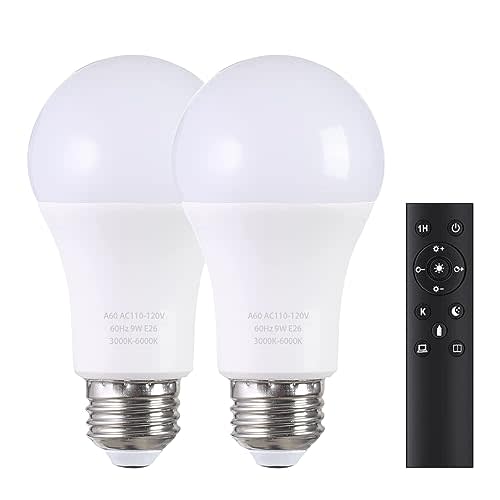 A19 LED Light Bulbs with Remote Control, 800LM 9W (60W Equivalent) Bulbs,Stepless Dimmable 3000K-6000K,E26 Base,CRI 80+,2.4GHz,25000+ Hours Lifespan,Light Bulb for Home Decor,2Bulb & 1Remote