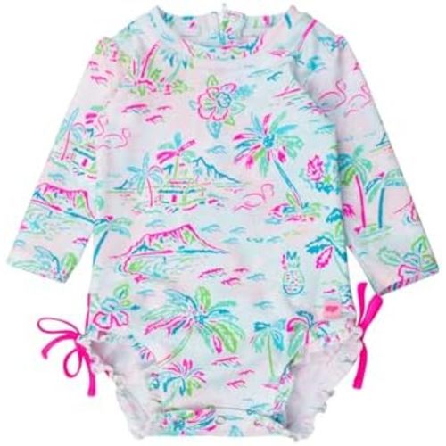 RuffleButts Baby Girls UPF 50+ Sun Protection Tropical Print Long Sleeve One Piece Rash Guard Swimsuit with Zipper