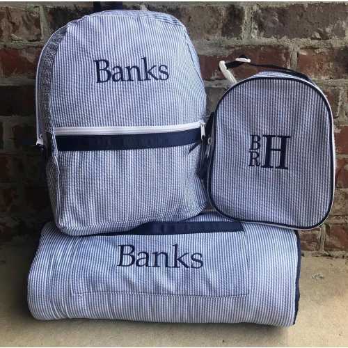 Personalized Back to School Set, Seersucker Embroidered Backpack, Lunchbox, & Nap Mat