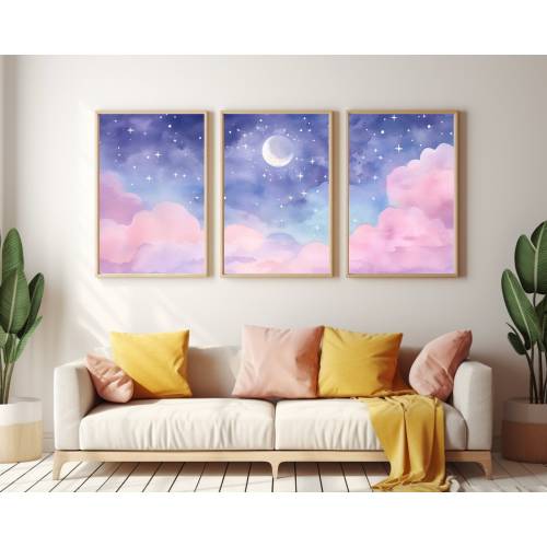 Celestial Watercolor Print, Set of 3, Starry Night Sky Wall Art, Pink Clouds Decor, Dreamy Moon Poster, Cosmic Landscape Artwork