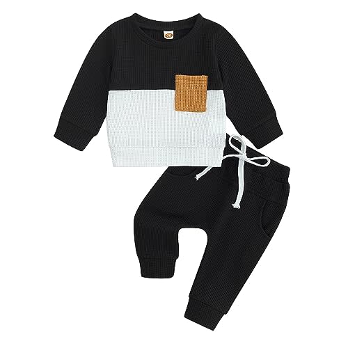 Pivanzore Baby Boy Clothes Fall Winter Outfits Waffle Knit Contrast Color Sweatshirt Top Casual Pants Set Toddler 2Pcs Outfit