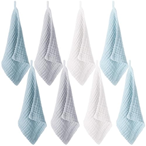 SmoothNovelty 8 Pcs Baby Washcloths for Newborn 12 x 12 Inch Muslin Face Towels Cotton Absorbent for Delicate Skin Soft Muslin Cloth Reusable Baby Registry as Shower Gift, 4 Colors (Blue Color)