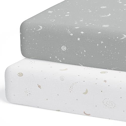 Crib Sheets Neutral - Fitted Baby Crib Sheets Bed for Girl Boy - 2 Pack Standard & Toddler Mattress (Galaxy, Moon, and Stars) - Buttery Soft Organic Cotton Blend
