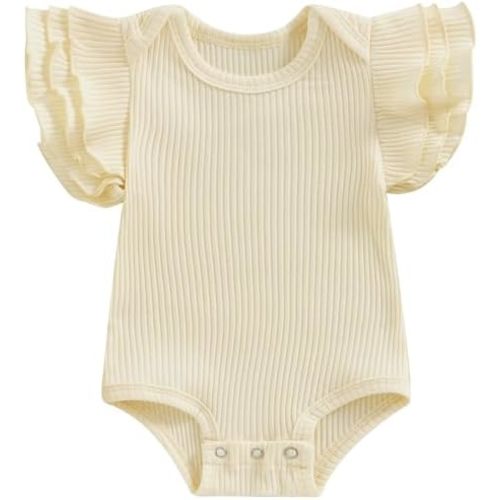 Mubineo Baby Girl Summer Clothes Basic Plain Ruffle Short Sleeve Romper Bodysuit Newborn Rib Knit Tops Clothes