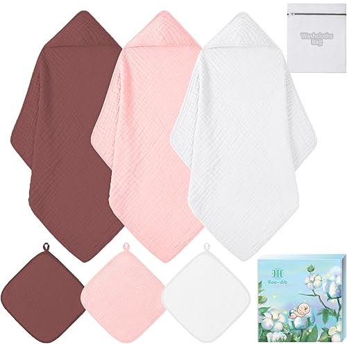 Hooded Baby Towels for Newborn, Absorbent 100% Cotton Muslin Baby Bath Towel for Boys and Girls, Baby Towels with Hood for Babies (WineRed & Pink & White)
