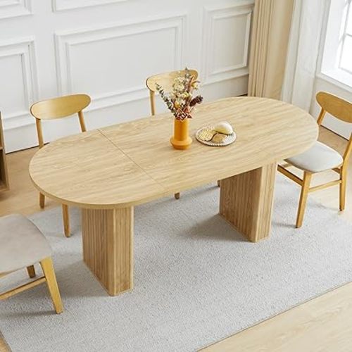 70.8 Inch Kitchen Dining Table for 4-6 People, Oval Kitchen Table with Wood Strip Base, Modern Farmhouse Large Round Dining Room Tables for Kitchen Living Room (Natural)