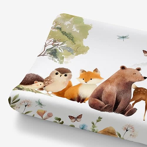 HawSkgFub Animal Friends Changing Pad Cover for Baby Girl Boy, Natural Forest Deer Bear Fox Owl Diaper Change Table Covers, Soft Stretchy Safe Snug Fitted Changing Mat Sheet Fit 32"/34" x 16"