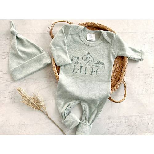 Personalized neutral baby romper and hat set, custom infant boy coming home outfit, baby shower gift, romper with footies, farm baby