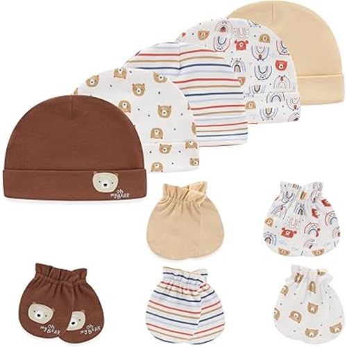 Baby Hat and Mittens Set Newborn Baby Hats Caps for Baby Boys Girls 0-6 Months 100% Cotton