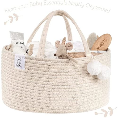 Baby Diaper Caddy Organizer- Rope Nursery Storage Bin- Portable Diaper Storage Basket for Changing Table and Car- Perfect Baby Shower & Registry Gift (Beige)