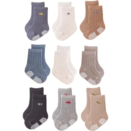 J Poqobog Baby Crew Socks,Grips Combed Cotton Socks Toddler Non-Skid for Girls,Boys Non Slip/Anti Skid 9-Pack (3-12 Months, Boys - 9 Pairs)