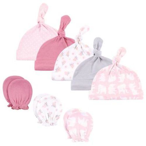 Hudson Baby Infant Boy Cotton Cap and Scratch Mitten Set, Pink Elephant, 0-6 Months