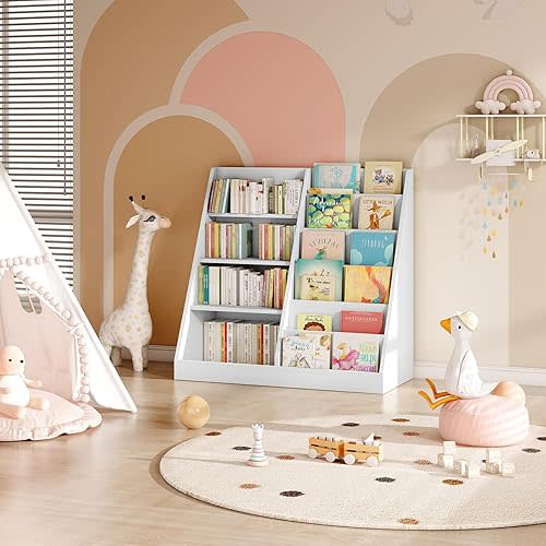 Tatub 6 Tier Kids Wooden Bookshelf and Toy Storage, Children Toy Organizer with Book Shelves, Toddler BookRack Baby Bookcase for Nursery, Playroom and Classroom, White