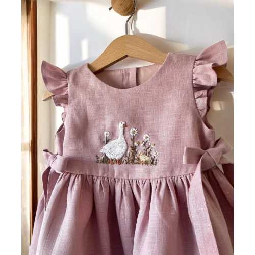Geese with Daisies Linen Dress with Bow, Floral Embroidery Girls Soft Linen Dress, Toddler Linen Dress, 1st Birthday Dress, Dress for Girls