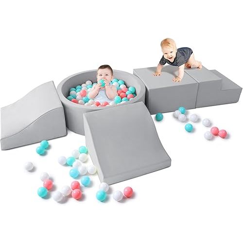 Foam Climbing Blocks for Toddler: with 4-Piece PU Leather Climbing Toys and a Ball Pit - Foam Ball Pit for Toddlers - Climbing Toys Indoor for Kids Crawling