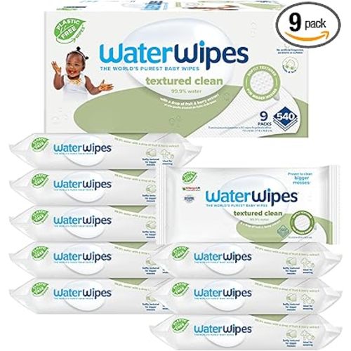 WaterWipes Plastic-Free Textured Clean, Toddler & Baby Wipes, 99.9% Water Based Wipes, Unscented & Hypoallergenic for Sensitive Skin, 540 Count (9 packs), Packaging May Vary