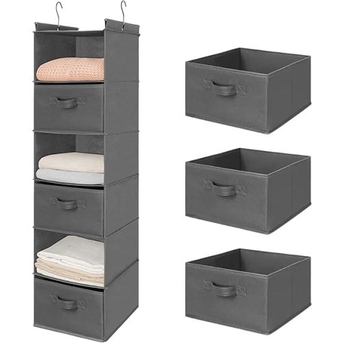 MAX Houser 6 Tier Shelf Hanging Closet Organizer, Closet Hanging Shelf with 2 Sturdy Hooks for Storage, Foldable (Grey-D3)