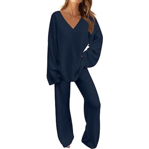 MEROKEETY Women's 2 Piece Outfits Fuzzy Fleece Pajama Set Long Sleeve Top Wide Leg Pants Loungewear