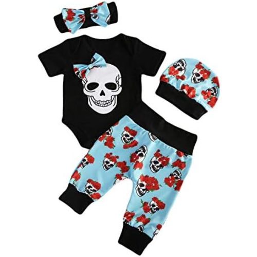 Yuemengxuan 4PCS Infant Newborn Baby Boys Girl Skull Romper+Pants+Hat+Mitten or Headband Halloween Clothes Outfit Set