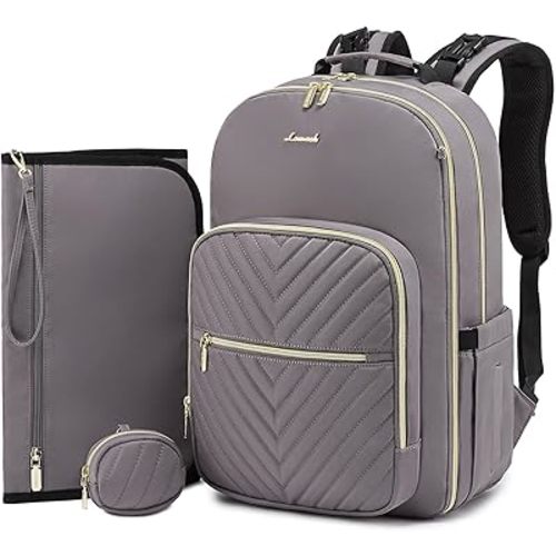 LOVEVOOK Diaper Bag Backpack, Quilted Baby Bag with Changing Pad & Pacifier Holder, Waterproof Travel Diaper Bags for Baby Boys Girls, Stylish and Large Capacity, Purple Grey
