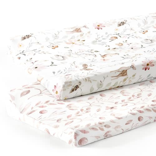 GRSSDER Stretch Ultra Soft Jersey Knit Changing Pad Cover Set 2 Pack, Change Table Pad Covers Fit 32"/34" x 16" Pads Safe and Snug, Beautiful Blush Pink Floral and Cute Animals Print for Girls