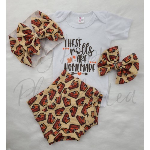 Homemade Rolls & Pumpkin Pie Bells, Onesie, and Bows