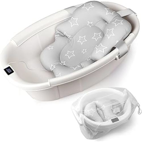 Baby Bathtub, Baby Bath Tub with Thermometer & Soft Cushion, Collapsible Infant Bathtub for Newborn to Toddler 0-36 Months, Quick Use & Portable for Travel(White)