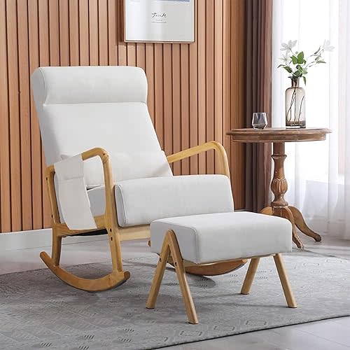 HOMREST Nursery Rocking Chair with Ottoman,Side Pocket, Rocker Glider Chair Mid-Century Modern Upholstered Rocking Chair with Footrest& Thick Padded Cushion for Living Baby Room,White