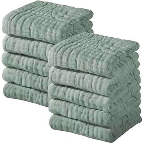 Yoofoss Muslin Baby Washcloths 100% Cotton Face Towels 10 Pack Wash Cloths for Baby 12x12in Soft and Absorbent Baby Wipes (Dark Green)