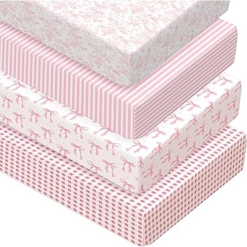 Peryiter 4 Pack Crib Sheets Girl Soft Baby Bed Sheet Set 52'' x 28" Pink Plaid Nursery Crib Sheets for Standard Bed for Nursery Decor Baby Boys or Girls(Coqette Bow)
