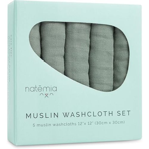Natemia Muslin Baby Washcloths for Newborn - Premium Wash Cloths for Babies, Super Absorbent and Ultra Soft Rayon Made from Bamboo, 6 Layer Baby Girl and Baby Boy Washcloths, 5 Piece Set