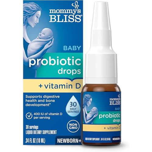 Mommy's Bliss Baby Probiotics + Vitamin D Drops, Supports Digestive Health & Immune Function*, 400IU Vitamin D , Supports Bone Development*, Newborns+, Flavorless, 0.34 Fl Oz (30 Servings)