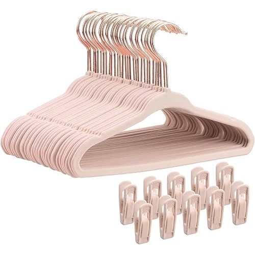 Baby Velvet Hangers 30 Pack - 11" Inch Premium Non Slip Kids Felt Hangers for Clothes - Ultra Thin Baby Felt Hangers for Toddler Kids' Closet with 10 Hanger Clips - Pink