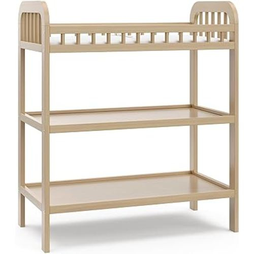 Storkcraft Pasadena Changing Table with Water-Resistant Changing Pad (Driftwood) - GREENGUARD Gold Certified, Includes Bonus Water-Resistant Changing Pad with Safety Strap, 2 Open Shelves