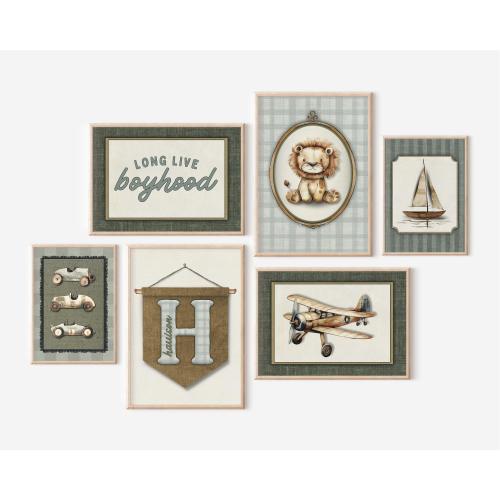 Vintage Boys Nursery Wall Art Set of 6 Travel Adventure Gallery Prints Custom Pennant Banner with Airplane Sailboat Long Live Boyhood Decor
