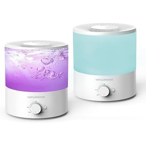 MegaWise Cool Mist Humidifiers for Babies, Bedroom, Nursery, Home and Office | Super Quiet Ultrasonic Vaporizer, Large Top-Refill 2L, Essential Oil Diffuser, Auto Off, Easy Clean (2 Pack)