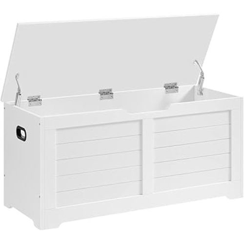 VASAGLE Storage Chest, Storage Bench with 2 Safety Hinges, Farmhouse Style, 15.7 x 39.4 x 18.1 Inches, for Entryway, Bedroom, Living Room, Cloud White ULSB061T10
