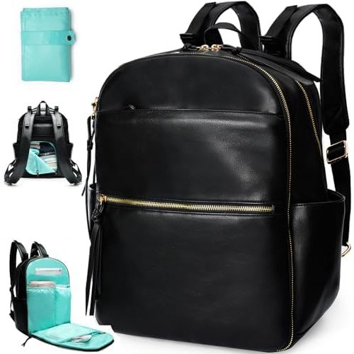 MOMINSIDE Diaper Bag Backpack with 6 Insulated Pockets, Leather Baby Bag for Mom Dad, Baby Registry, 18 Pockets, Changing Pad, Stroller Straps, Wet Dry Bag (Black)