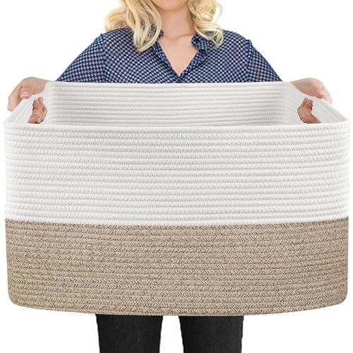 Extra Large Blanket Basket, 22" x 17" x 12" Rectangle Blanket Storage for Living Room, Soft Kids Dog Toy Basket Bin, Cotton Rope Baskets for Storage, Woven Throw Pillow Organizer Holder