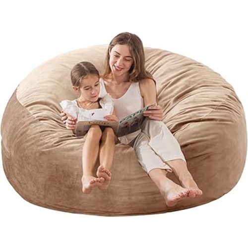 EDUJIN 5 ft XLarge Bean Bag Chair: 5' Memory Foam Filled Bean Bag Chairs for Adults with Filling,Ultra Soft Dutch Velvet Cover,Round Fluffy Lazy Sofa for Living Room - 5 Foot Giant, Camel