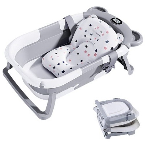 BabyBond Collapsible Baby Bathtub for Infants and Toddlers with Thermometer& 1 Soft Floating Cushion Portable Travel Baby Tub,Gray