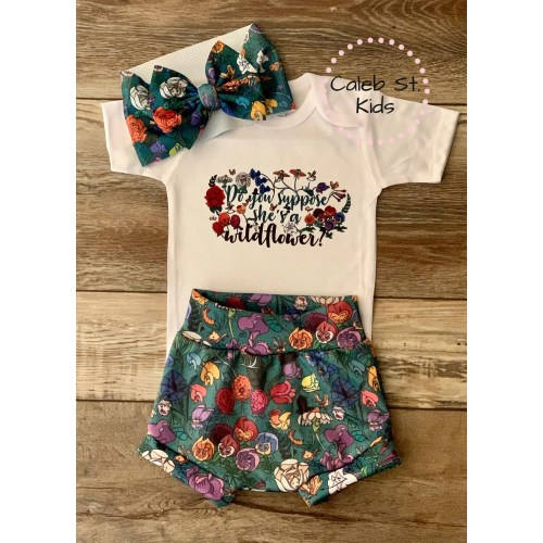 Do You Suppose She's A Wildflower / Alice in Wonderland / Baby and Toddler Complete Set Outfit / Baby Bummie Shorts / Baby Biker Shorts