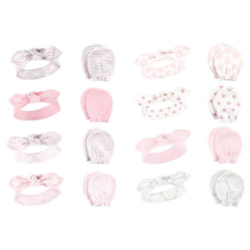 Hudson Baby Infant Girl 16Pc Cotton Headband and Scratch Mitten Set, Gray Feather Lace Medallion, 0-6 Months