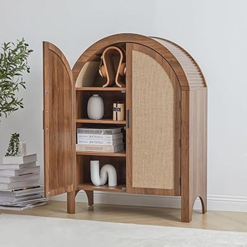 Freestanding Arched Bookcase, Modern 3-Tier Open Bookshelf, Low Short Bookshelf with Adjustable Shelves, Arched Storage Display Cabinet Organizer for Office, Living Room (Walnut, 43inch-doors)
