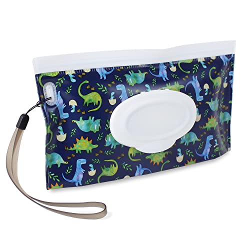 Itzy Ritzy Travel Wipes Case - Reusable Wipe Pouch – Take & Travel Pouch Holds Up to 30 Wet Wipes, Includes Silicone Wristlet Strap, Raining Dinosaurs