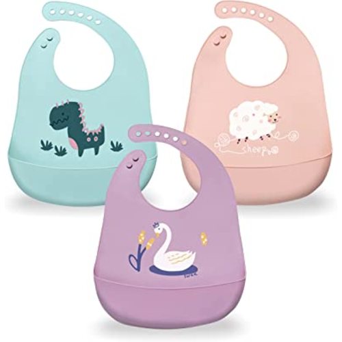 Silicone Baby Bibs with Food Catcher (Set of 3) - BPA Free Plastic, Durable and Adjustable Bib - Silicone Bibs for Babies, Toddlers, Boys, and Girls