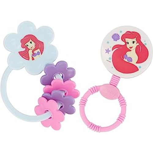 2 Pack Disney Princess Character Shape Rattle and Keyring Teether, Premium Toddler Birthday Toys, Infant Teething Toys, Great for Newborn Shower Gifts